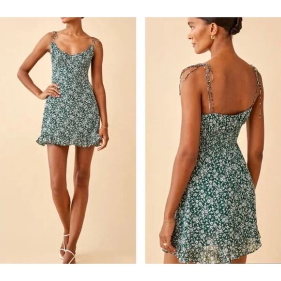 Reformation Esther Green Floral Mini Dress Ruffle Scoop Neck Adjustable Straps 0 - Picture 7 of 14